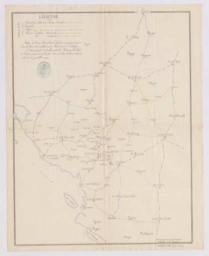[Carte du réseau ferroviaire de l'Ouest, indiquant les tracés projetés, concédés et faits, ainsi que ceux demandés et éventuels du réseau vendéen].